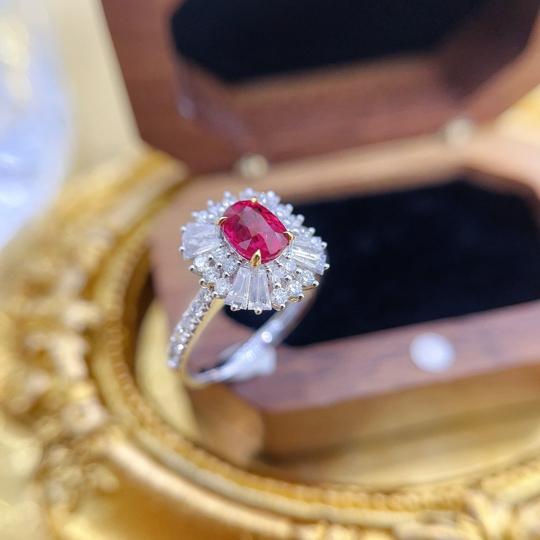 18K Gold Ruby Elliptical Surround Step-Cut Ring with AIGS Certificate | Premium Jewelry - Red Treasure Ring