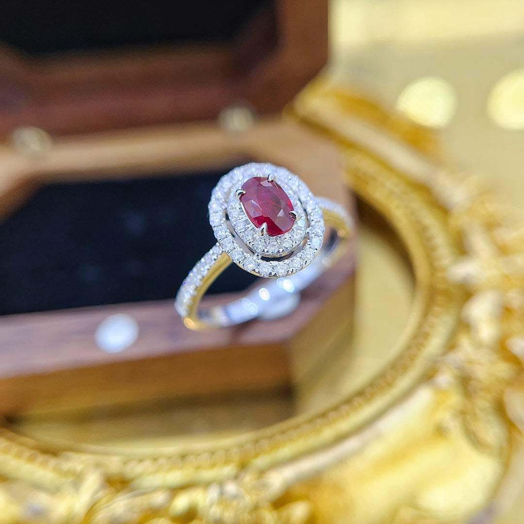 18K Gold Ruby Oval Double-Layer Hollow Ring - JZ209-C - Red Treasure Ring