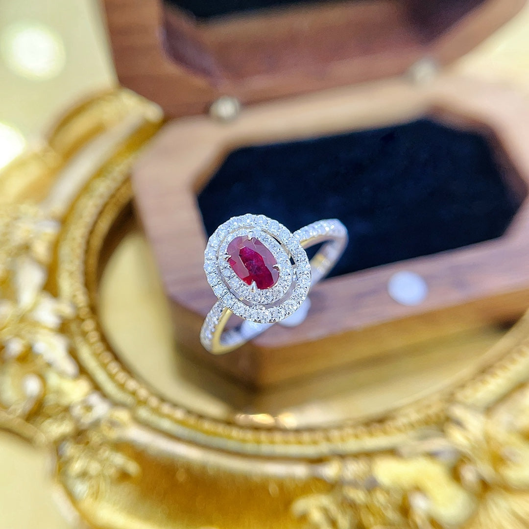 18K Gold Ruby Oval Double-Layer Hollow Ring - JZ209-C - Red Treasure Ring