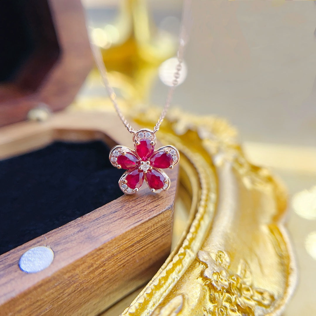 18K Gold Ruby Pendant Necklace with Five-Flower Design - Red Treasure Necklace