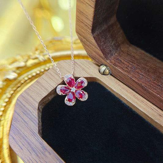 18K Gold Ruby Pendant Necklace with Five-Flower Design - Red Treasure Necklace