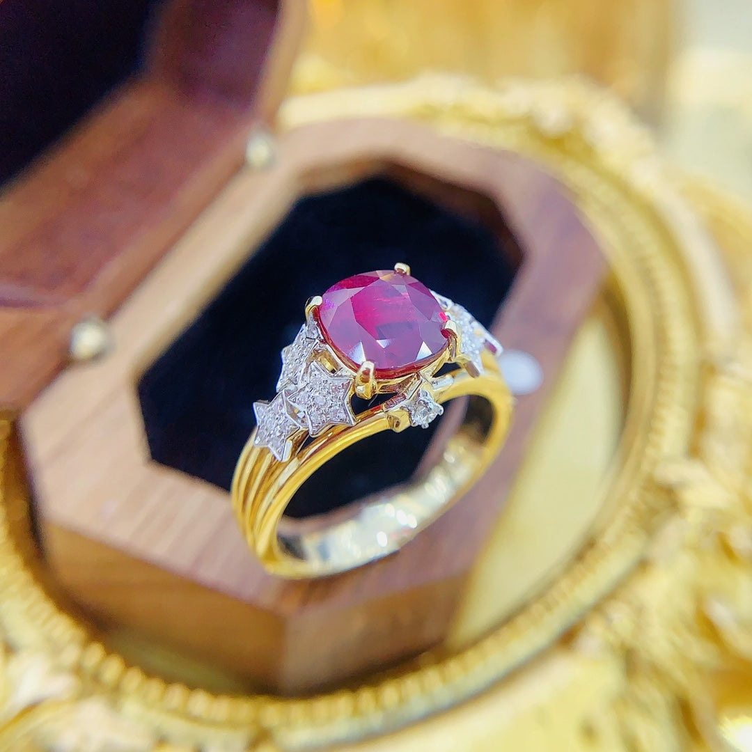 18K Gold Ruby Ring with AIGS Certificate - Luxury Jewelry - Red Treasure Ring