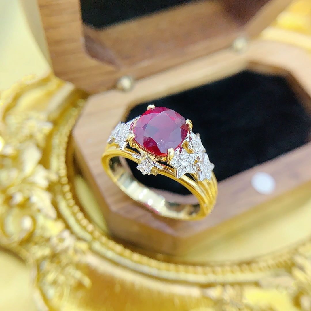 18K Gold Ruby Ring with AIGS Certificate - Luxury Jewelry - Red Treasure Ring