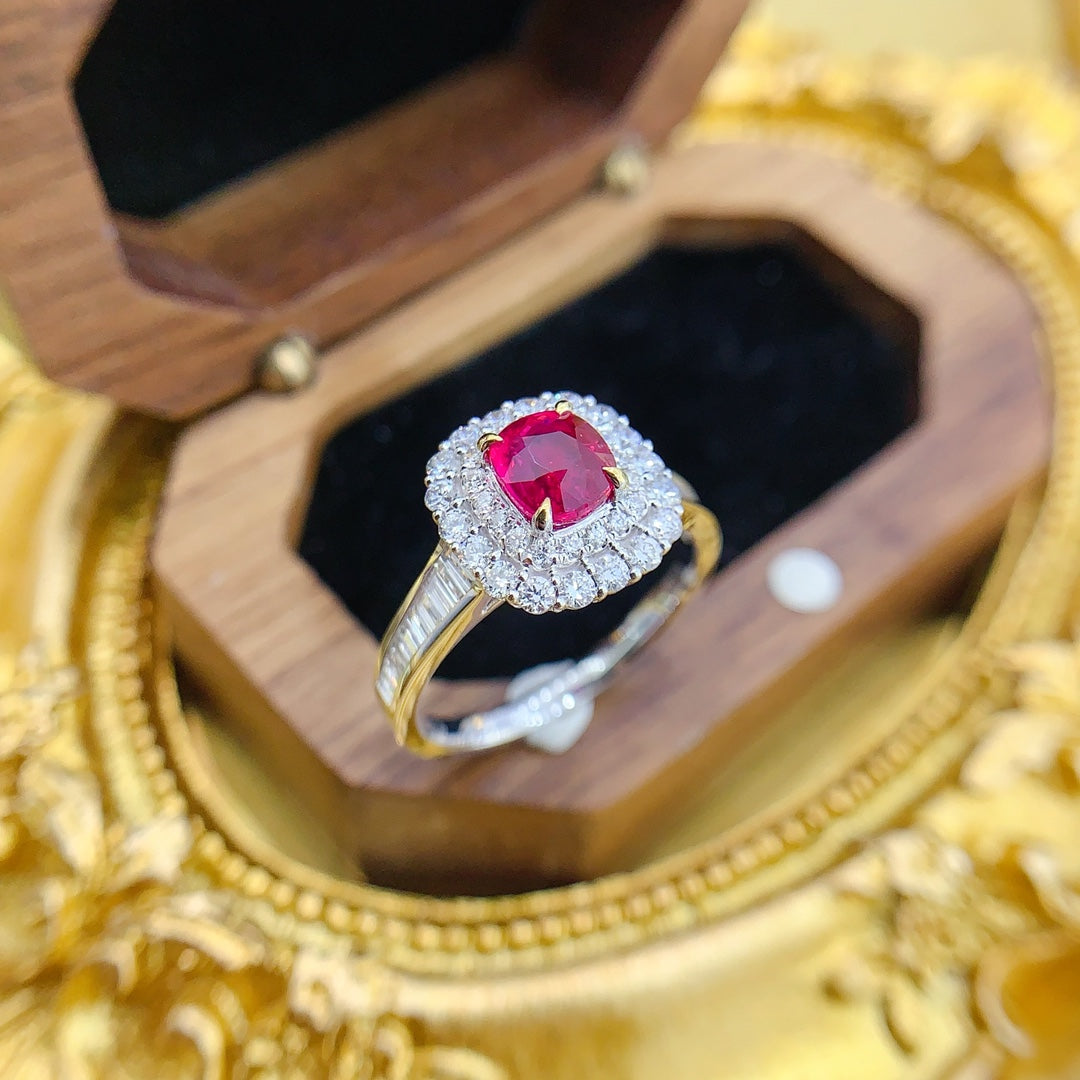 18K Gold Ruby Unheated Cushion-Cut Surround Ladder Ring | Premium Jewelry - Red Treasure Ring