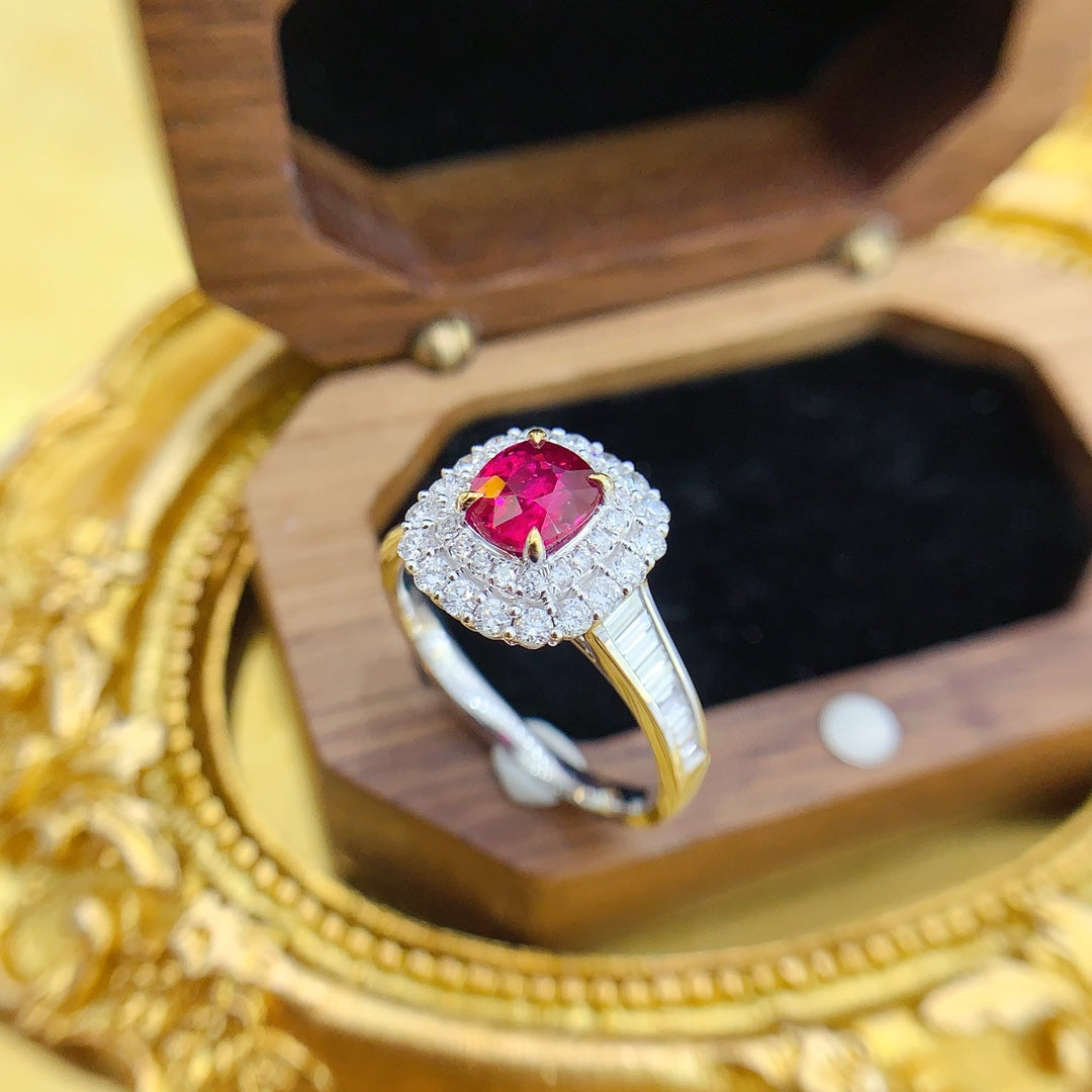 18K Gold Ruby Unheated Cushion-Cut Surround Ladder Ring | Premium Jewelry - Red Treasure Ring