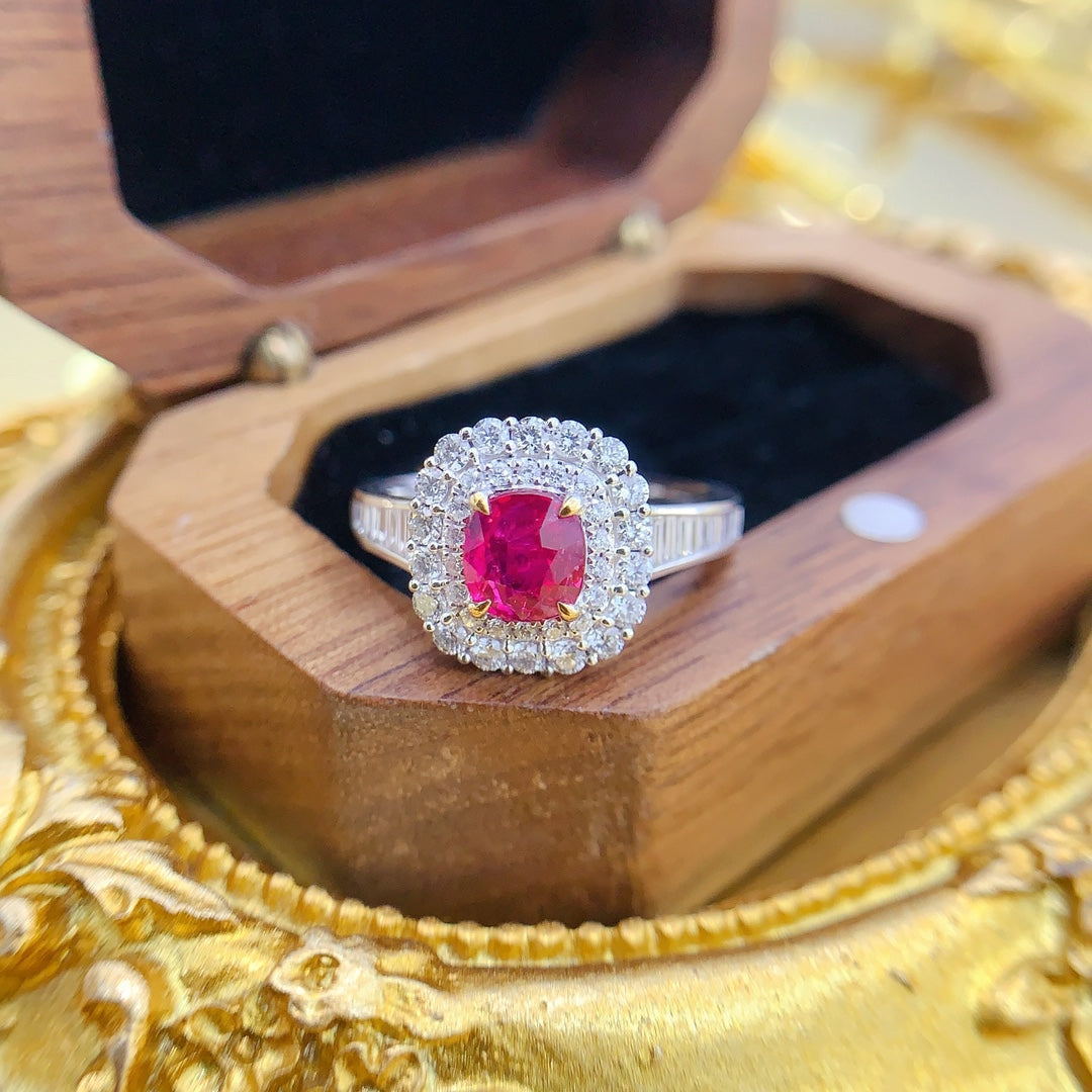 18K Gold Ruby Unheated Cushion-Cut Surround Ladder Ring | Premium Jewelry - Red Treasure Ring