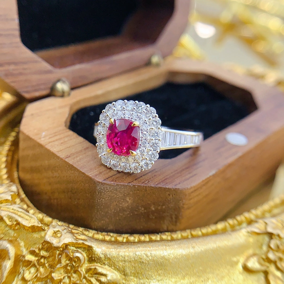 18K Gold Ruby Unheated Cushion-Cut Surround Ladder Ring | Premium Jewelry - Red Treasure Ring