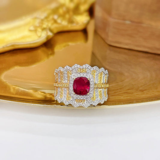 18K Gold Ruby Unheated Cushion Vintage Lace Ring | Premium Jewelry - Red Treasure Ring