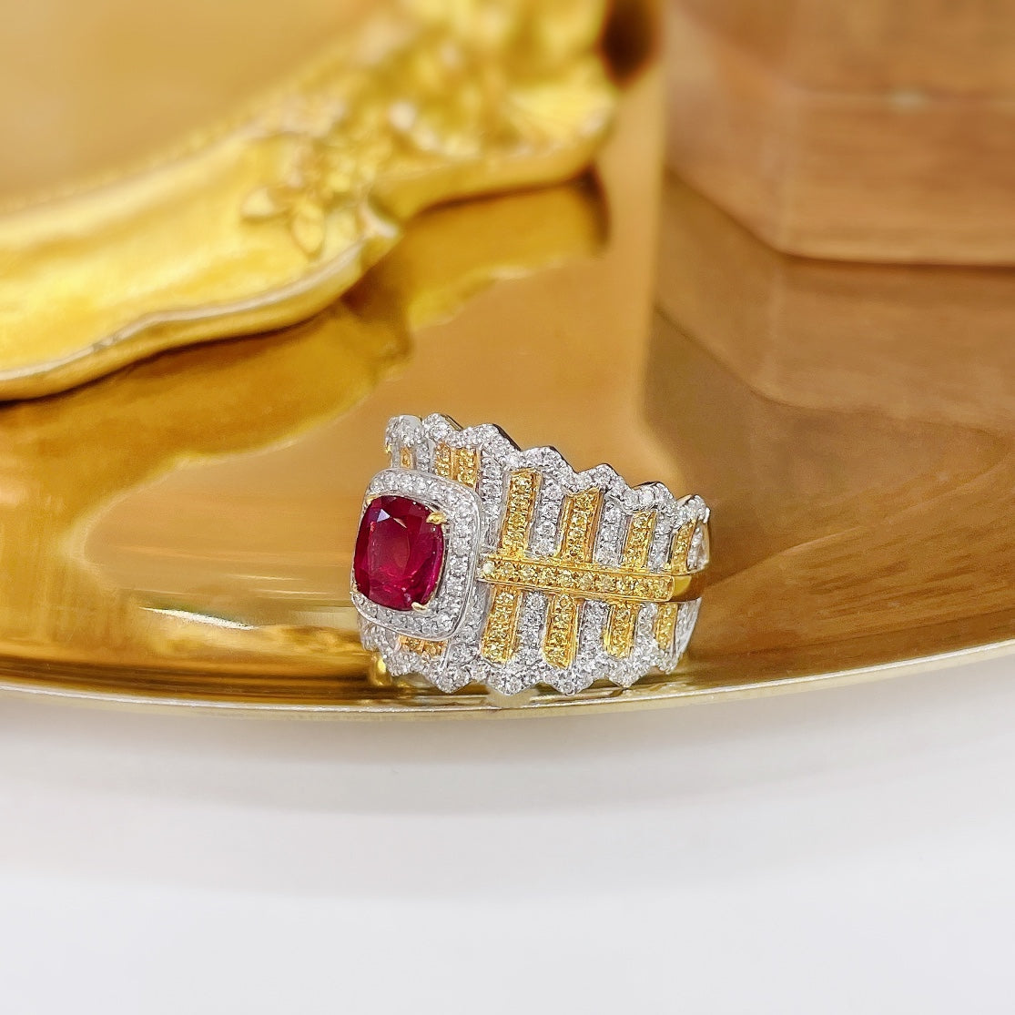 18K Gold Ruby Unheated Cushion Vintage Lace Ring | Premium Jewelry - Red Treasure Ring