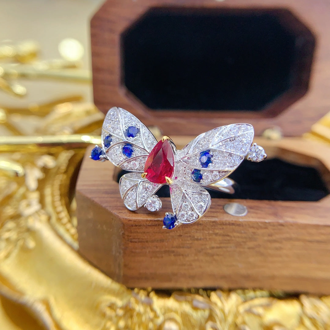 18K Gold Ruby Unheated Drop Butterfly Two-Way Wear Jewelry - Red Treasure Ring