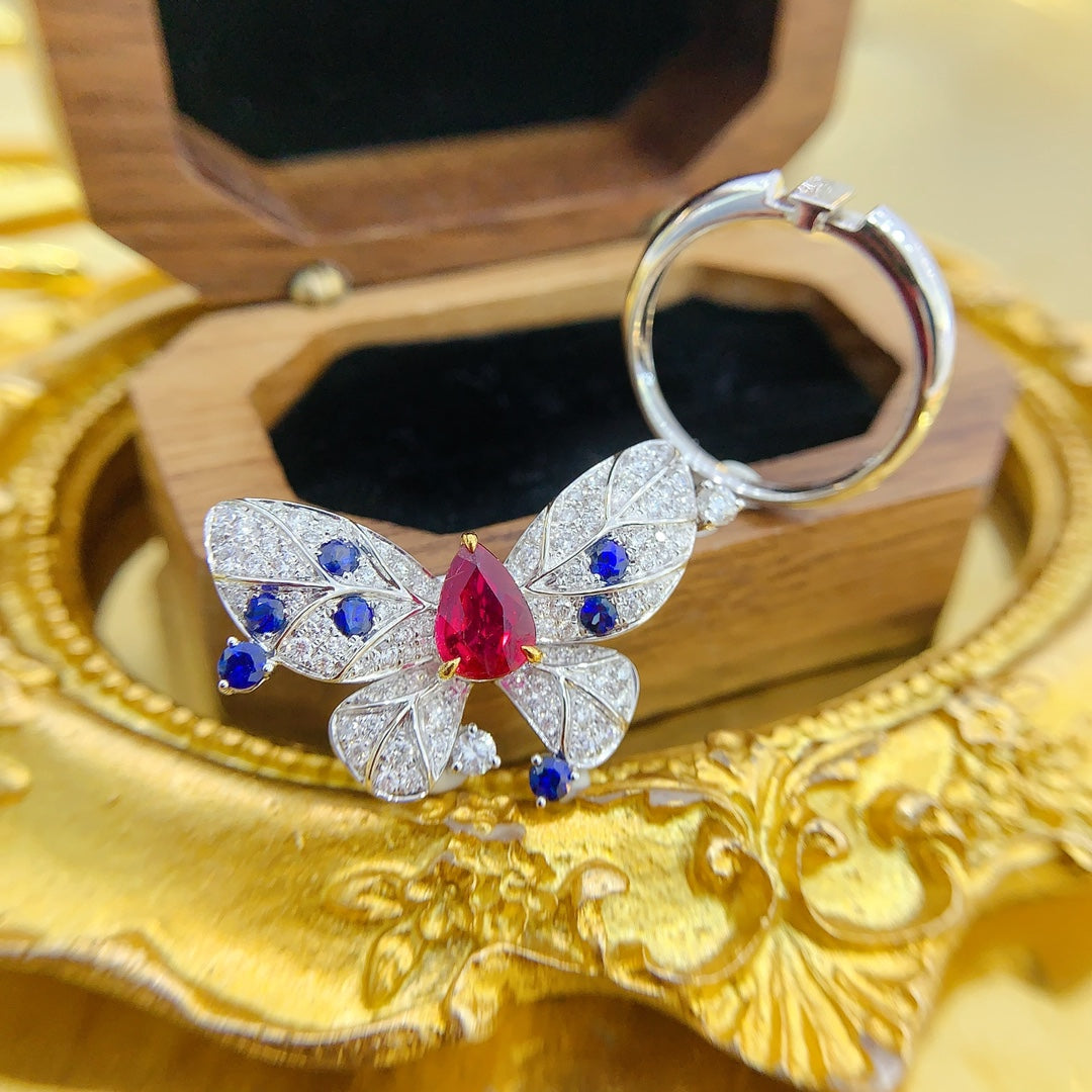 18K Gold Ruby Unheated Drop Butterfly Two-Way Wear Jewelry - Red Treasure Ring