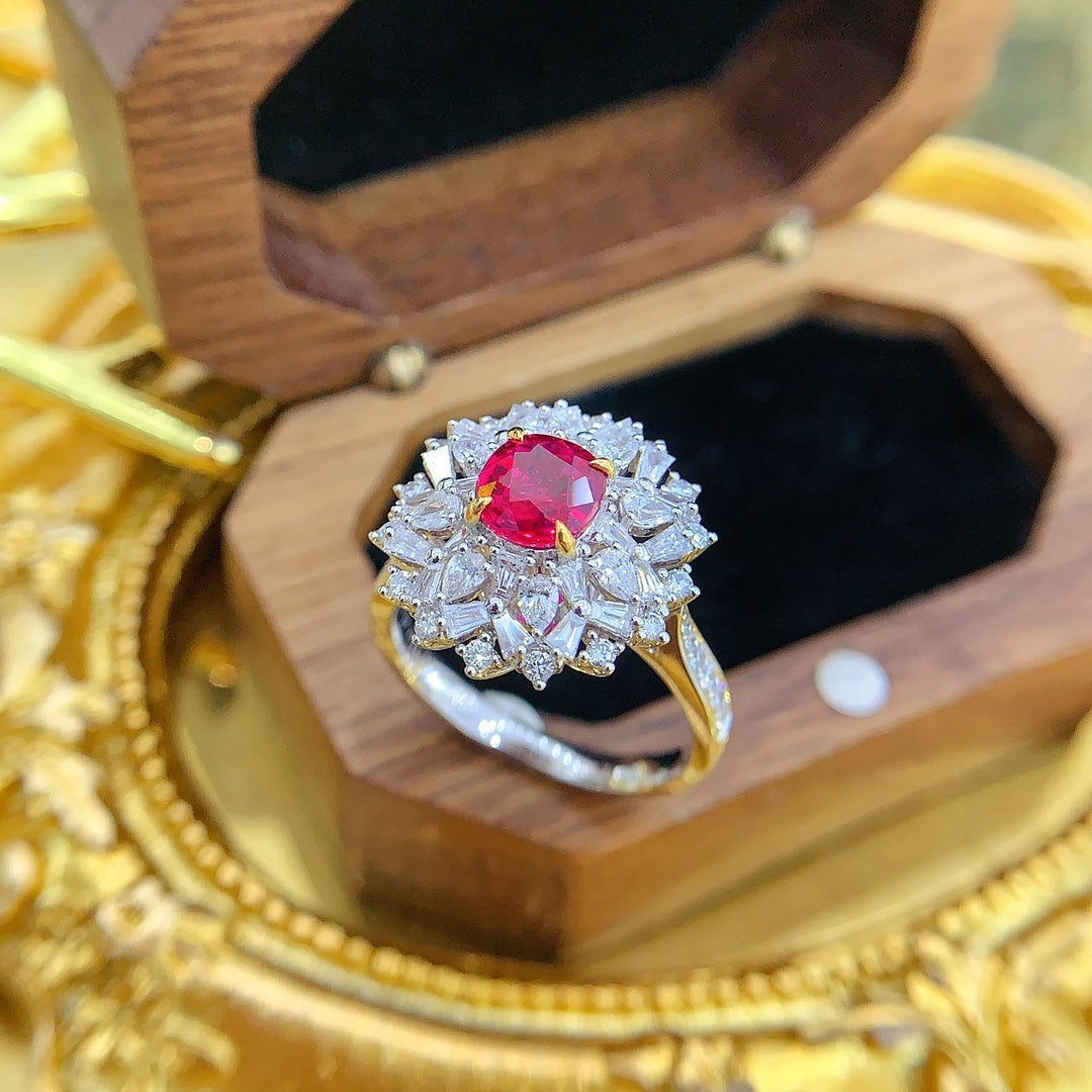 18K Gold Ruby Unheated Ellipse Snowflake Two-Way Wear Jewelry - Red Treasure Ring