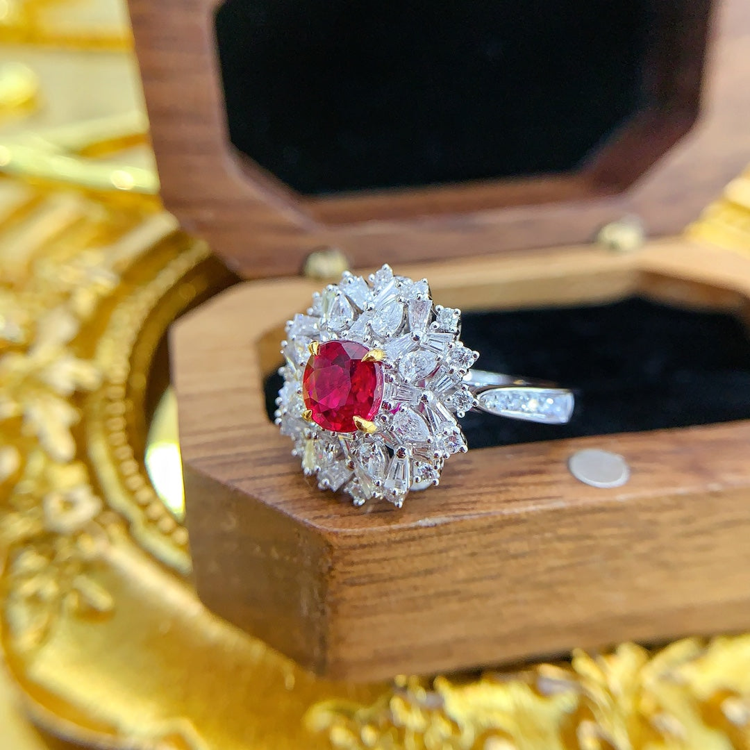 18K Gold Ruby Unheated Ellipse Snowflake Two-Way Wear Jewelry - Red Treasure Ring