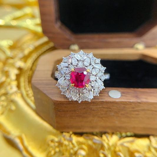 18K Gold Ruby Unheated Ellipse Snowflake Two-Way Wear Jewelry - Red Treasure Ring