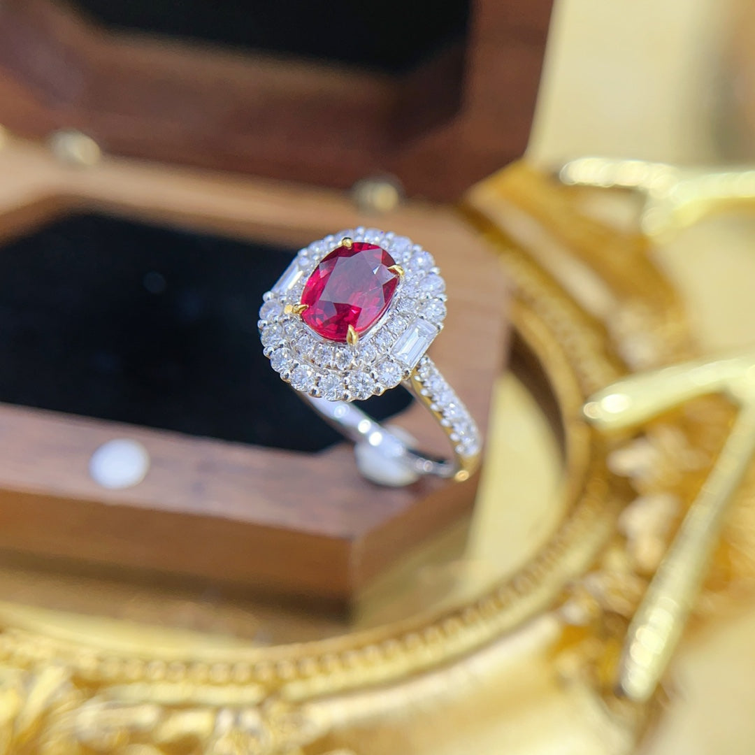 18K Gold Ruby Unheated Ellipse Surrounding Baguette Two-Way Wear Jewelry - Red Treasure Ring