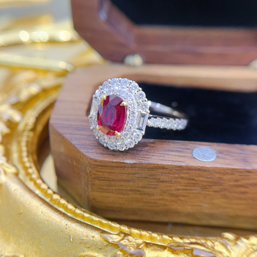 18K Gold Ruby Unheated Ellipse Surrounding Baguette Two-Way Wear Jewelry - Red Treasure Ring