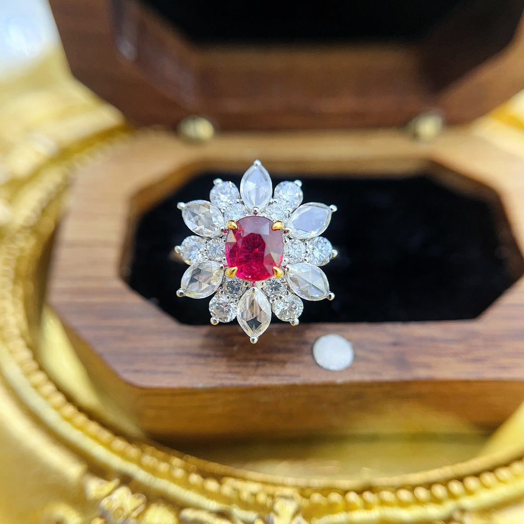 18K Gold Ruby Unheated Elliptical Six-Pointed Star Ring | Premium Jewelry - Red Treasure Ring