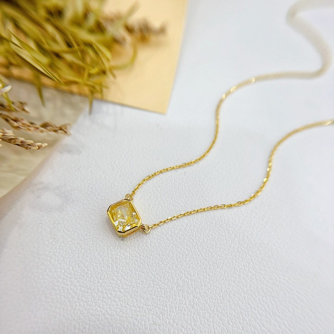 18K Gold Single Cushion-Cut Diamond Halo Necklace | Premium Jewelry - Yellow Diamond Necklace