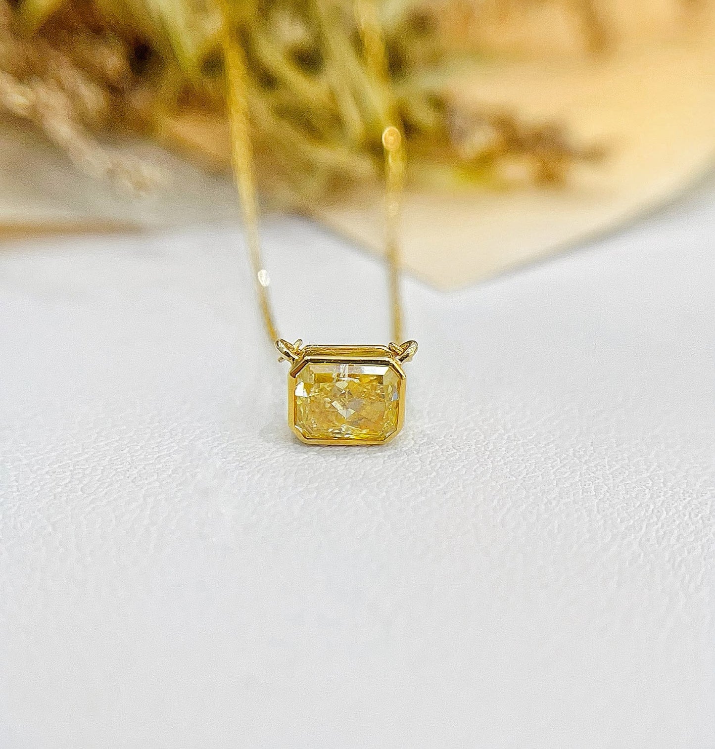 18K Gold Single Cushion-Cut Diamond Halo Necklace | Premium Jewelry - Yellow Diamond Necklace