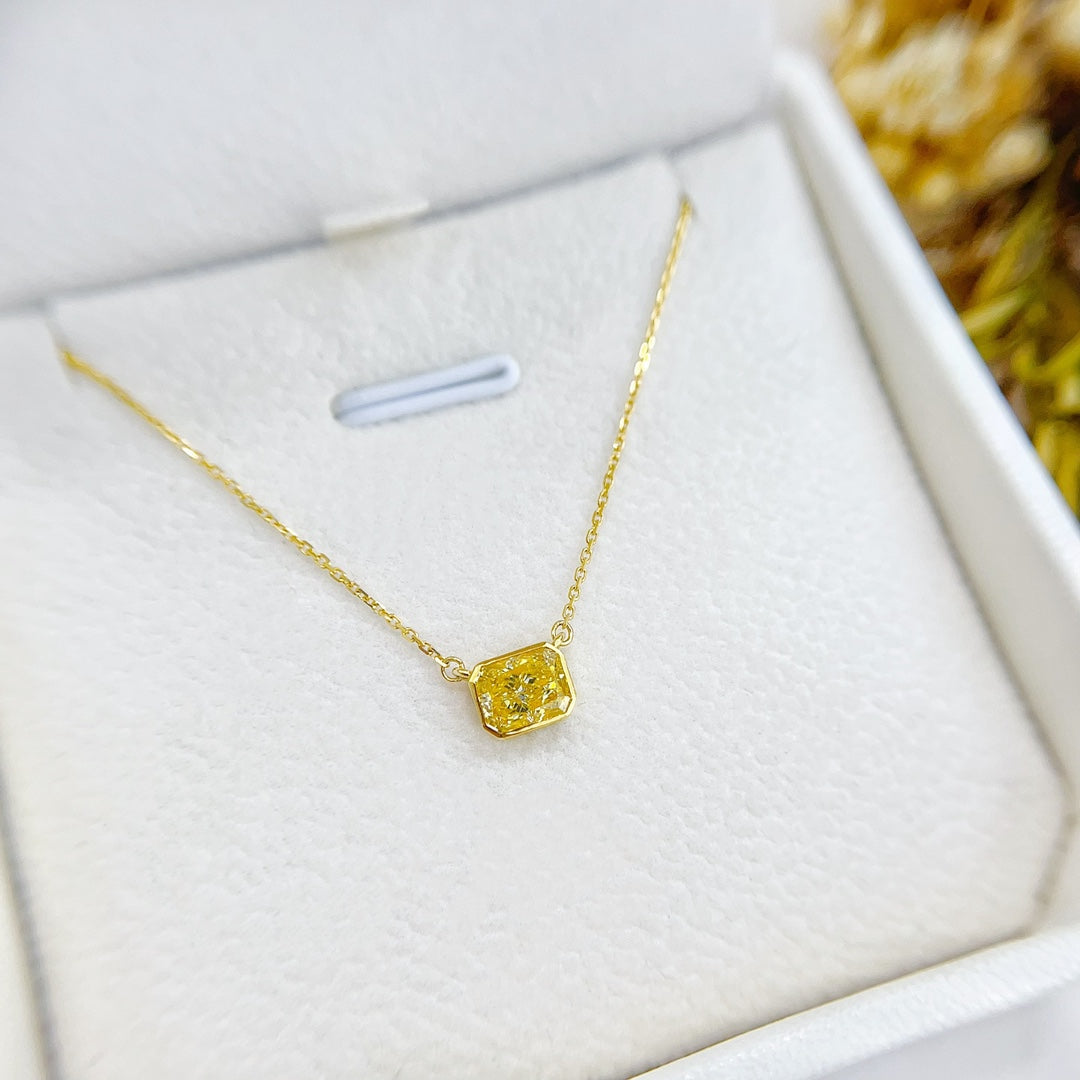 18K Gold Single Cushion-Cut Diamond Halo Necklace | Premium Jewelry - Yellow Diamond Necklace