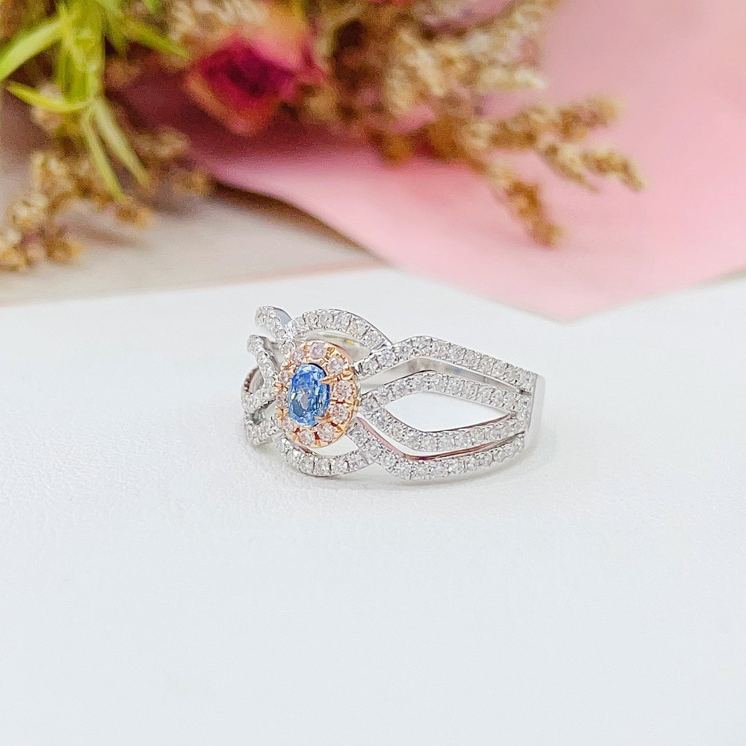 18K Gold White and Blue Diamond Oval Cluster Hollow Arm Ring | Luxury Jewelry - Blue Diamond Ring