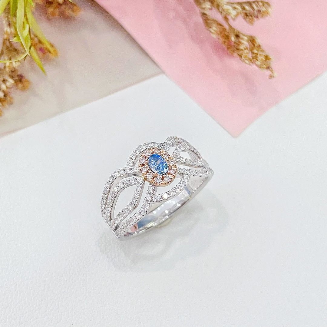 18K Gold White and Blue Diamond Oval Cluster Hollow Arm Ring | Luxury Jewelry - Blue Diamond Ring