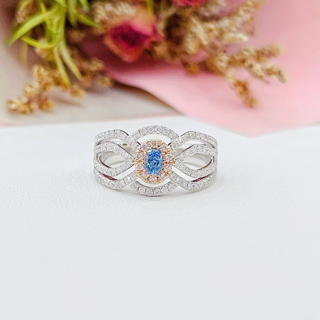 18K Gold White and Blue Diamond Oval Cluster Hollow Arm Ring | Luxury Jewelry - Blue Diamond Ring