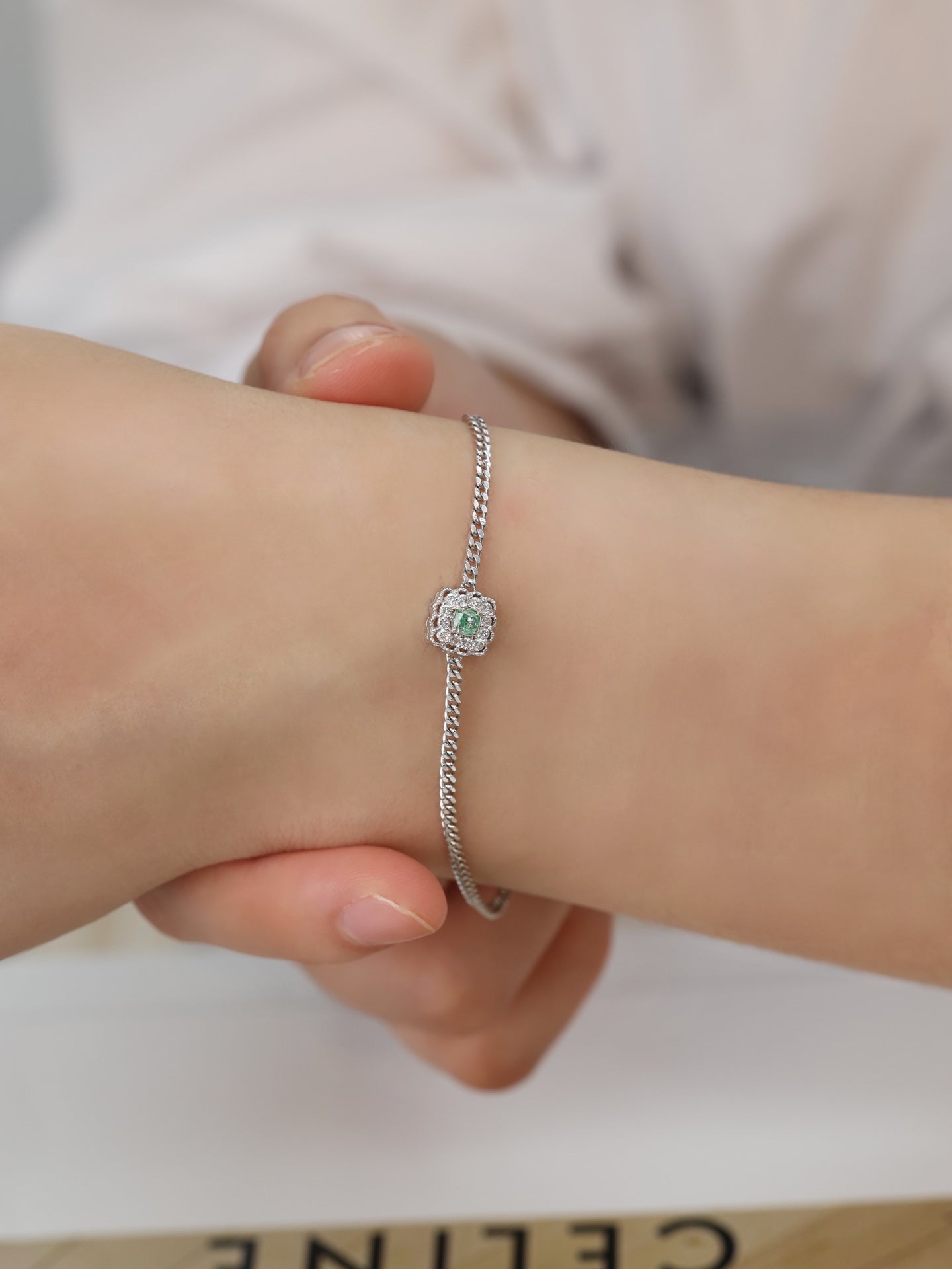 18K Gold White and Green Diamond Cushion-Shaped Bracelet - Luxury Jewelry - Green Diamond Bracelet