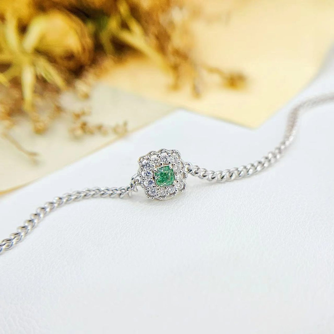 18K Gold White and Green Diamond Cushion-Shaped Bracelet - Luxury Jewelry - Green Diamond Bracelet