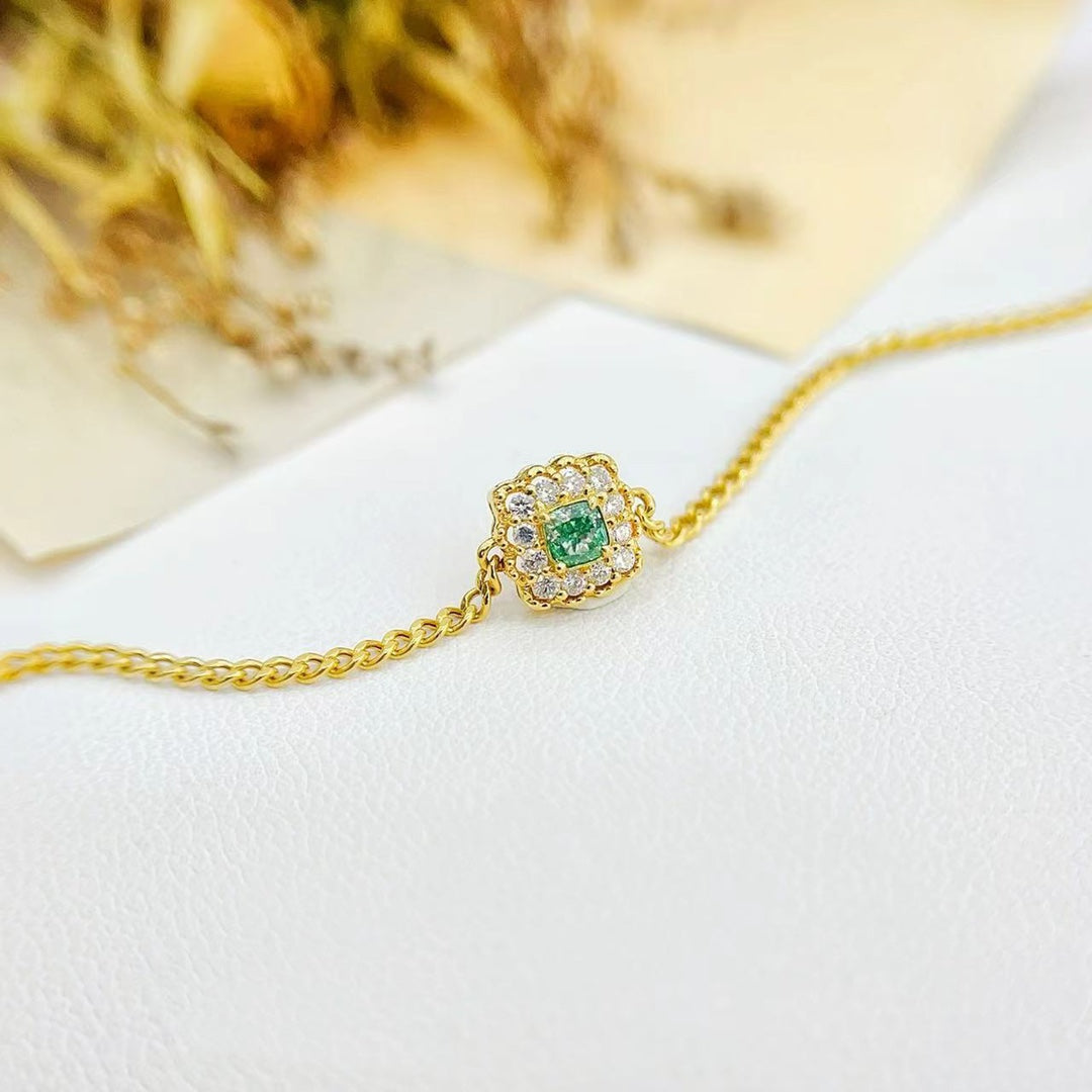 18K Gold White and Green Diamond Cushion-Shaped Bracelet - Luxury Jewelry - Green Diamond Bracelet