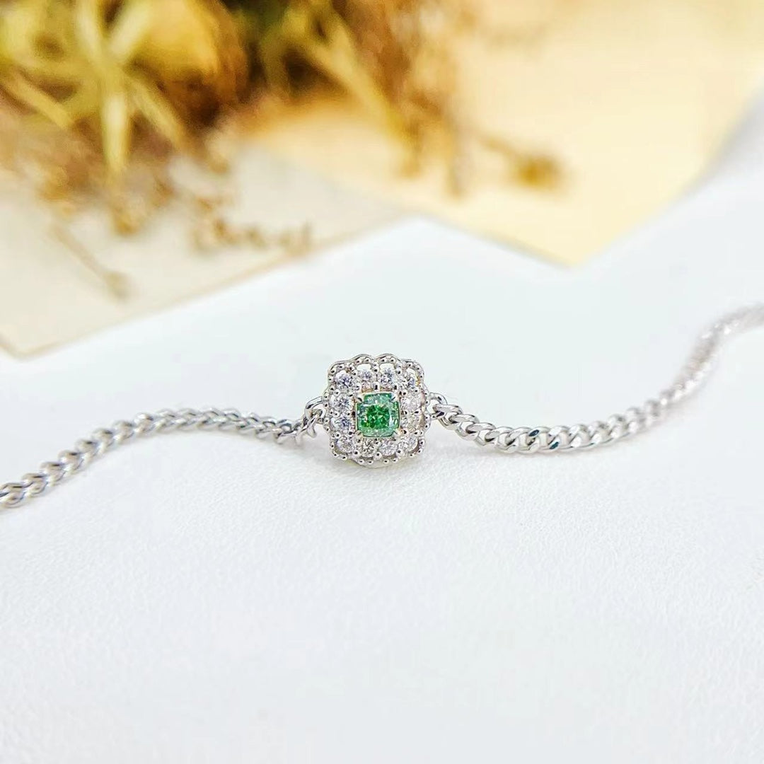 18K Gold White and Green Diamond Cushion-Shaped Bracelet - Luxury Jewelry - Green Diamond Bracelet