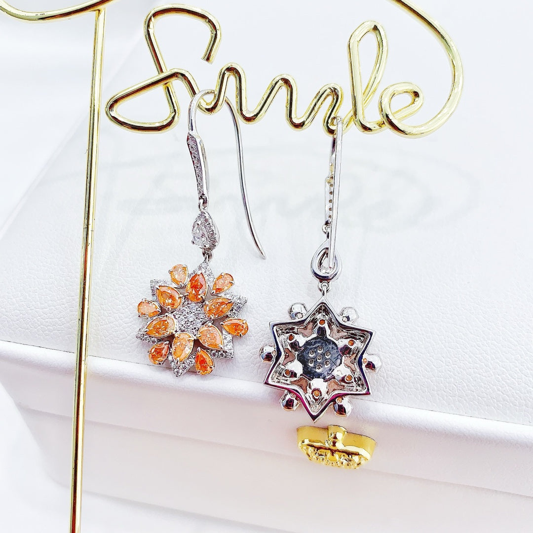 18K Gold White and Orange Diamond Sunflower Dangle Earrings Jeweler.Jewelry