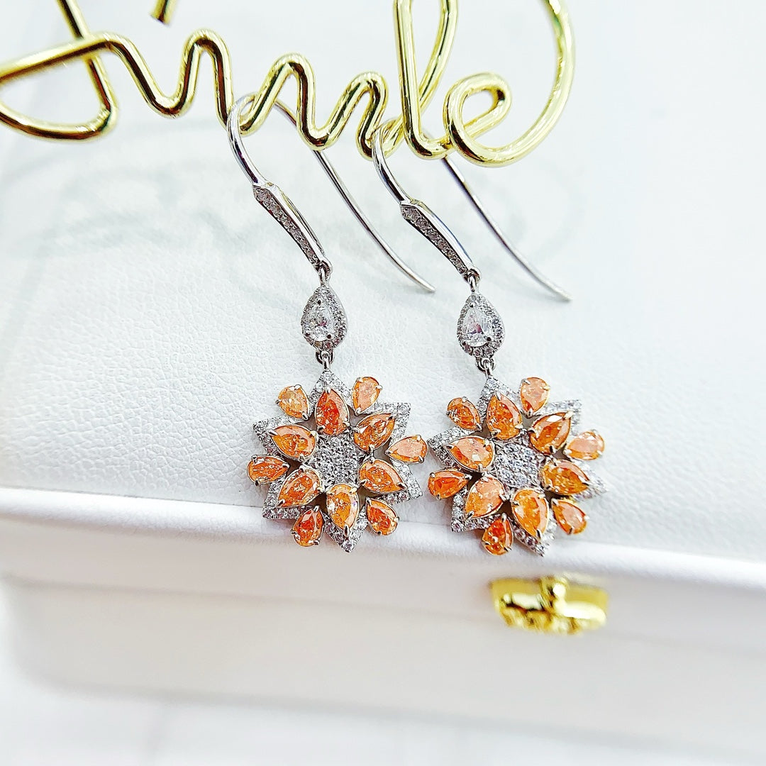 18K Gold White and Orange Diamond Sunflower Dangle Earrings Jeweler.Jewelry