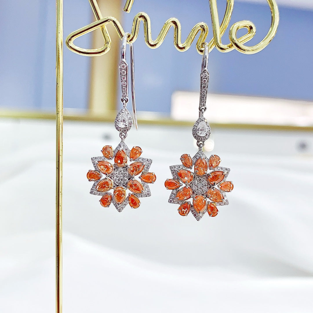 18K Gold White and Orange Diamond Sunflower Dangle Earrings Jeweler.Jewelry