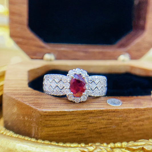 18K Gold White and Red Gemstone Oval Wide Band Ring | Premium Jewelry - Red Treasure Ring