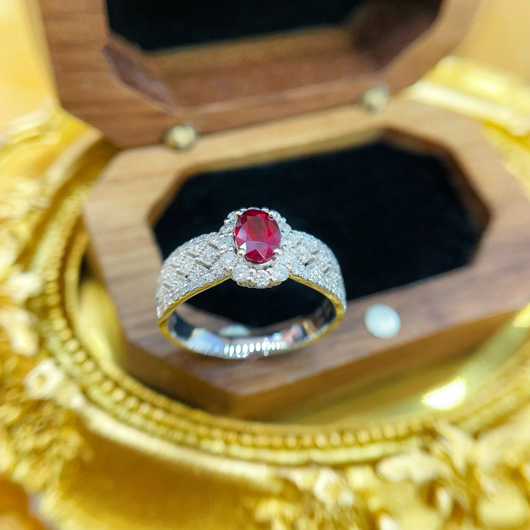 18K Gold White and Red Gemstone Oval Wide Band Ring | Premium Jewelry - Red Treasure Ring