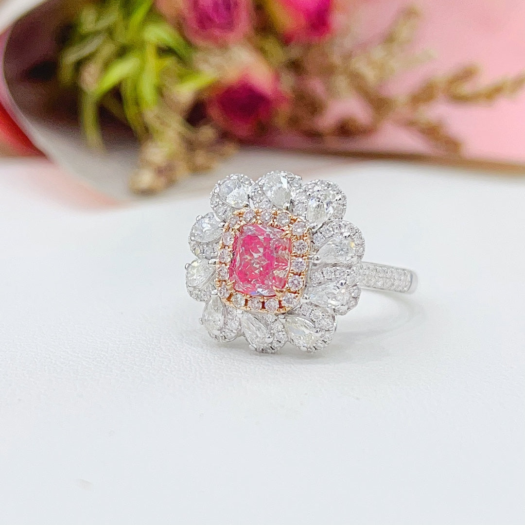 18K Gold White Powder Diamond GIA Cushion Drop Two-Way Wear Jewelry - GIA Pink Diamond Ring