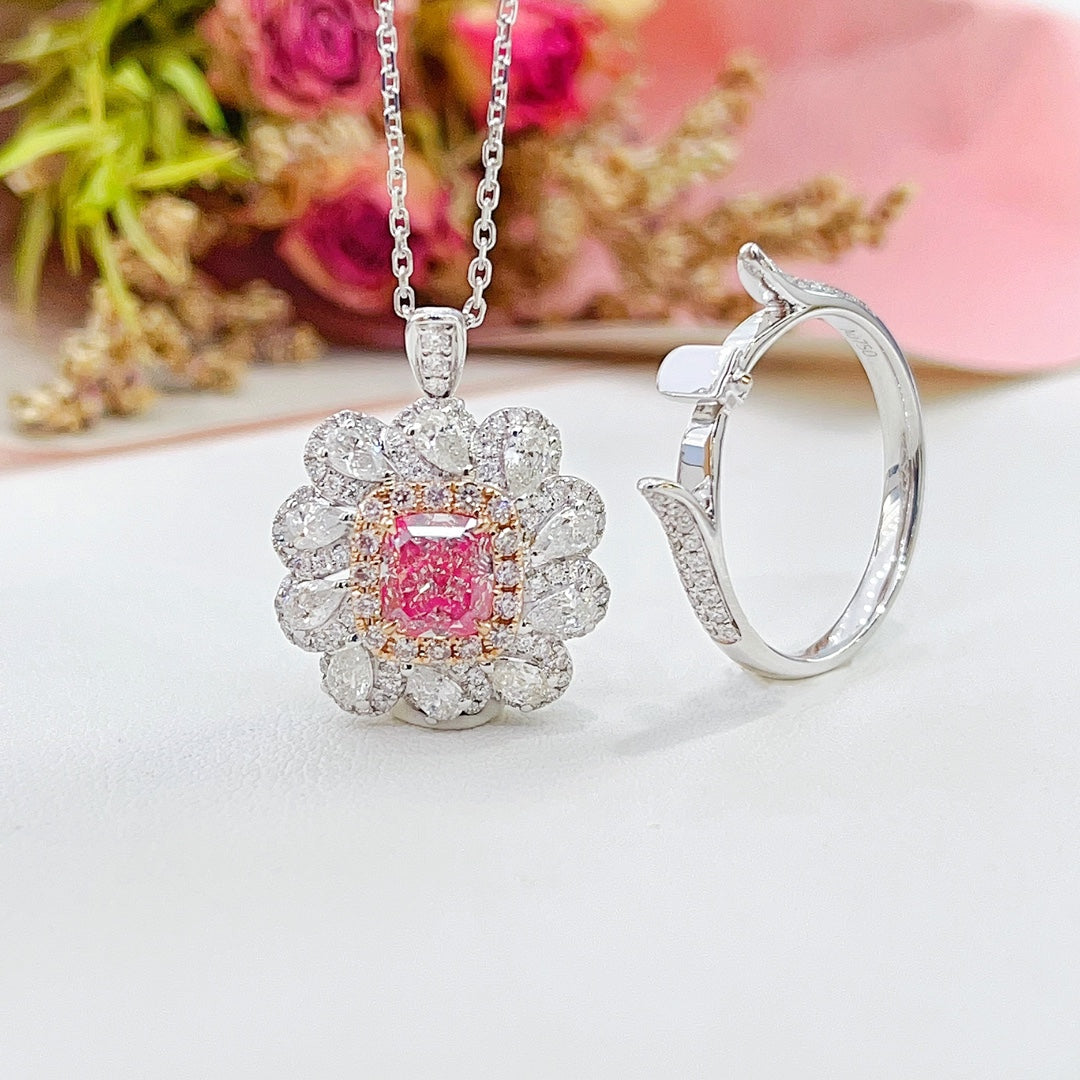 18K Gold White Powder Diamond GIA Cushion Drop Two-Way Wear Jewelry - GIA Pink Diamond Ring