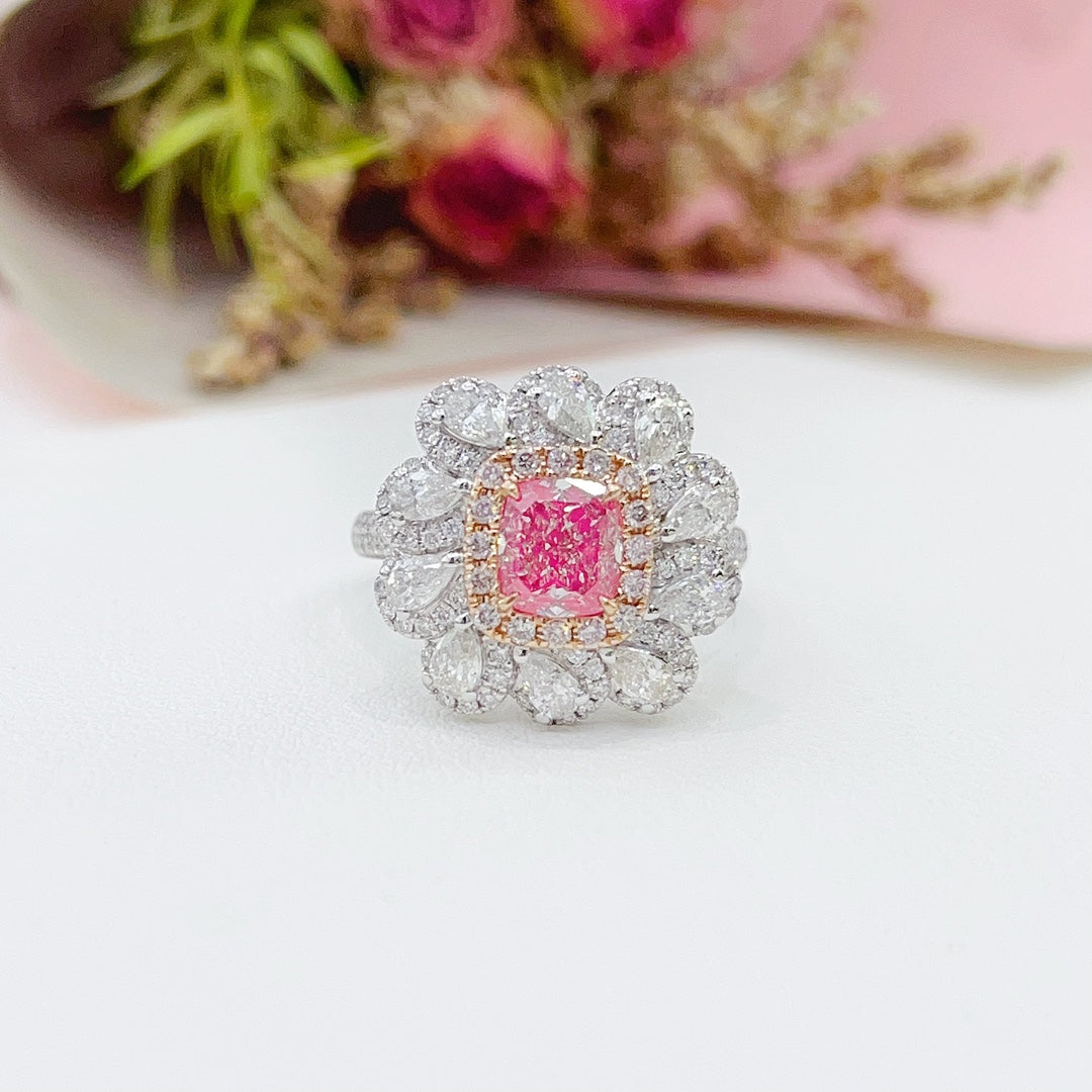 18K Gold White Powder Diamond GIA Cushion Drop Two-Way Wear Jewelry - GIA Pink Diamond Ring