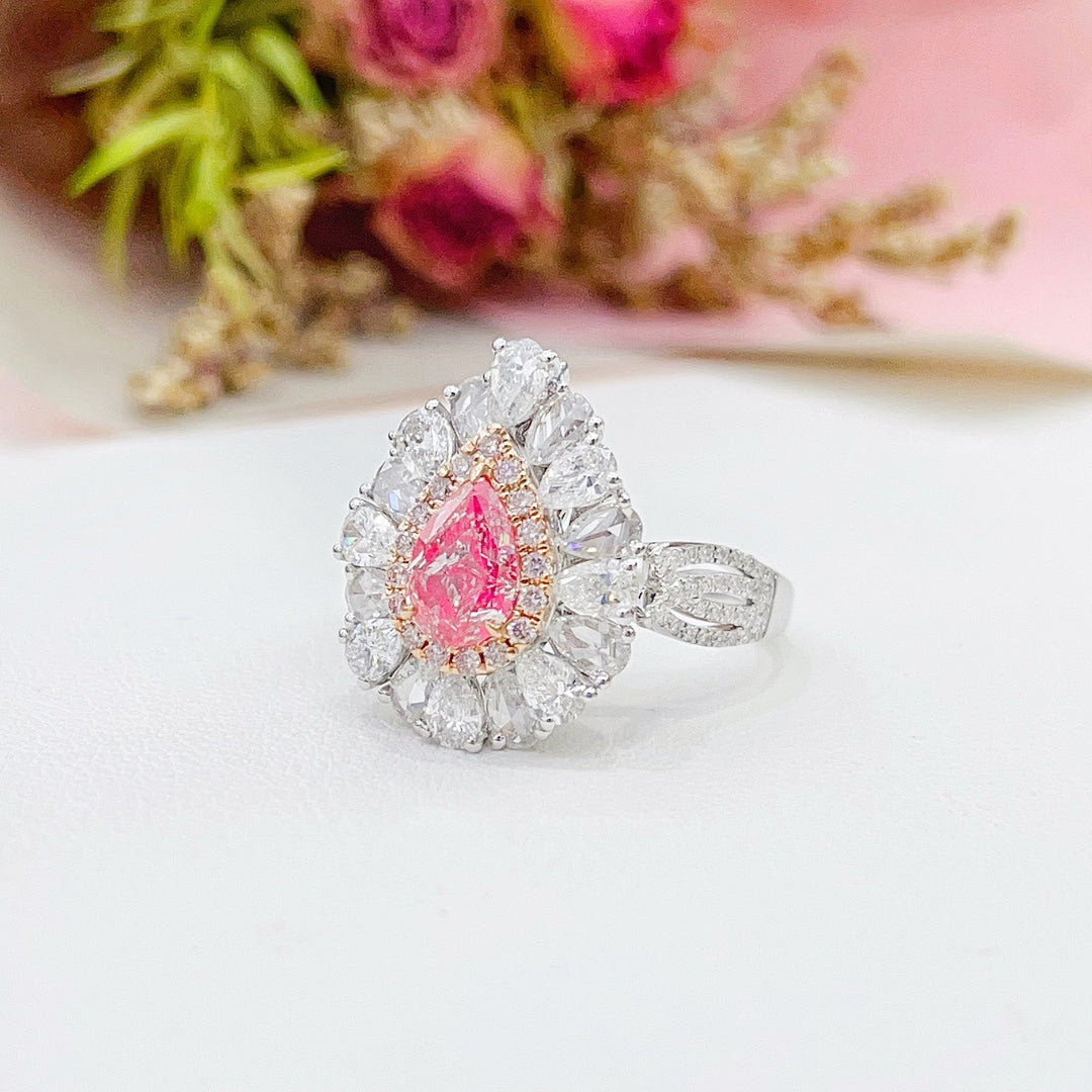 18K Gold White Powder Diamond GIA Drop Rose Surround Diamond Two-Way Wear Jewelry - GIA Pink Diamond Ring