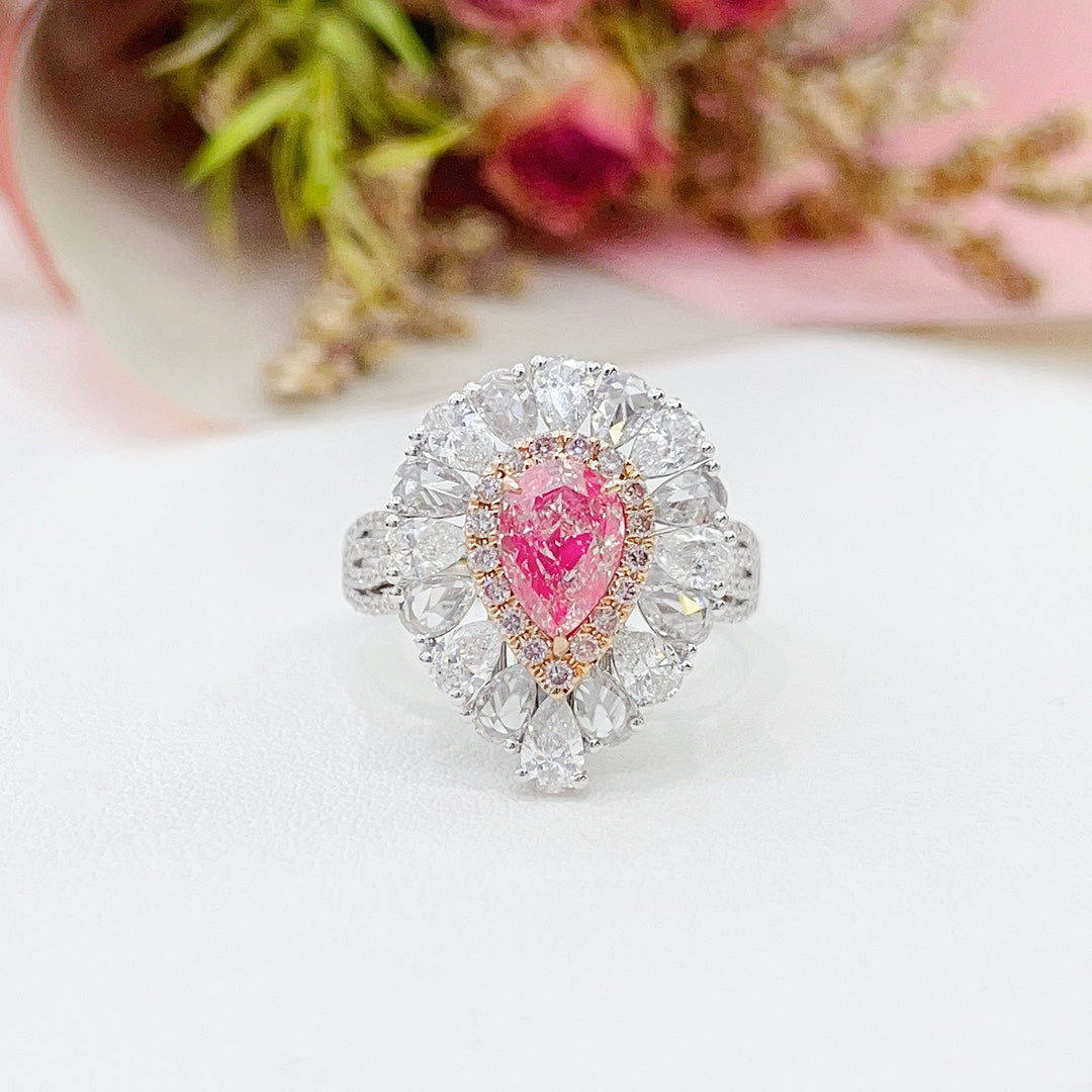 18K Gold White Powder Diamond GIA Drop Rose Surround Diamond Two-Way Wear Jewelry - GIA Pink Diamond Ring