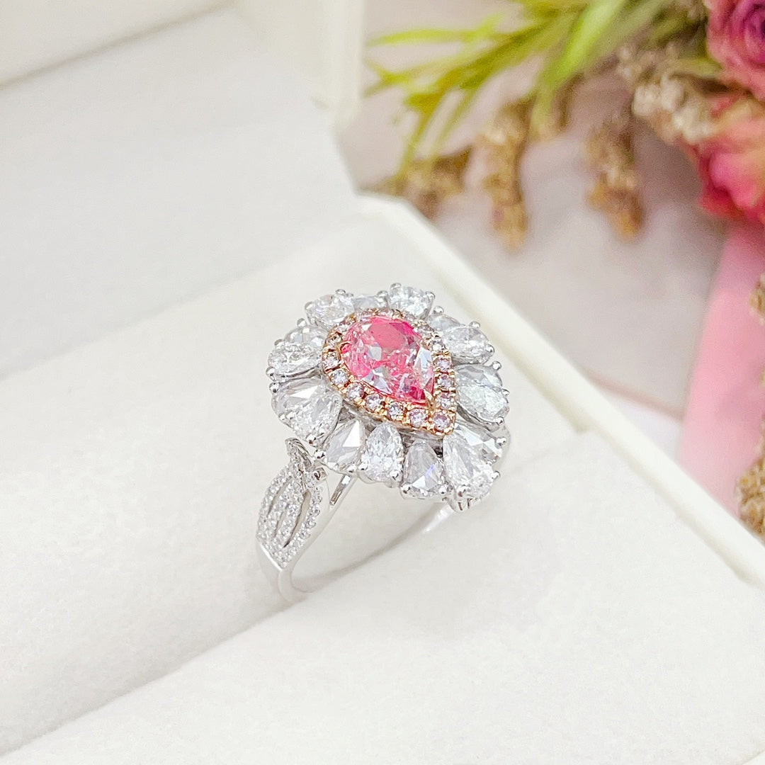 18K Gold White Powder Diamond GIA Drop Rose Surround Diamond Two-Way Wear Jewelry - GIA Pink Diamond Ring