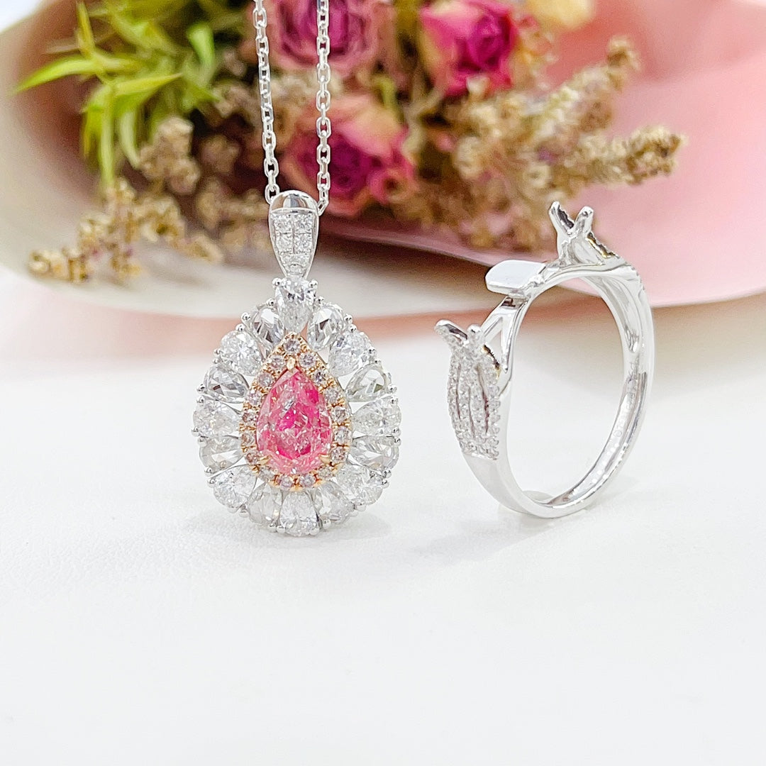 18K Gold White Powder Diamond GIA Drop Rose Surround Diamond Two-Way Wear Jewelry - GIA Pink Diamond Ring