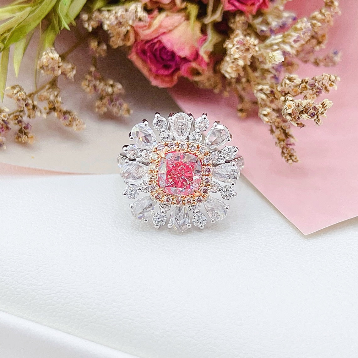 18K Gold White Powder Diamond GIA Pillow Rose Water Drop Two-Way Wear Jewelry - GIA Pink Diamond Ring