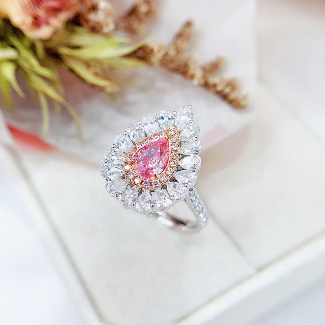 18K Gold White Powder Diamond GIA Teardrop Halo Two-Way Wear Ring - GIA Pink Diamond Ring