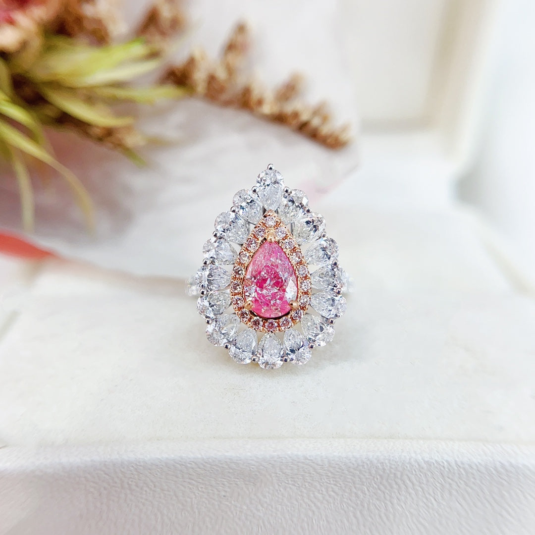 18K Gold White Powder Diamond GIA Teardrop Halo Two-Way Wear Ring - GIA Pink Diamond Ring