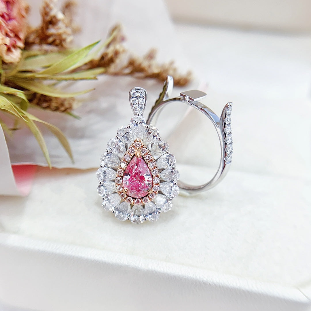 18K Gold White Powder Diamond GIA Teardrop Halo Two-Way Wear Ring - GIA Pink Diamond Ring