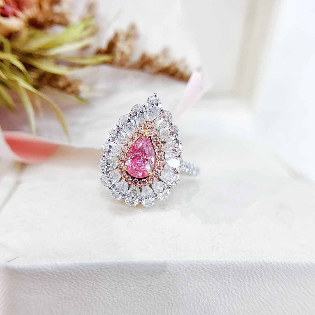 18K Gold White Powder Diamond GIA Teardrop Halo Two-Way Wear Ring - GIA Pink Diamond Ring