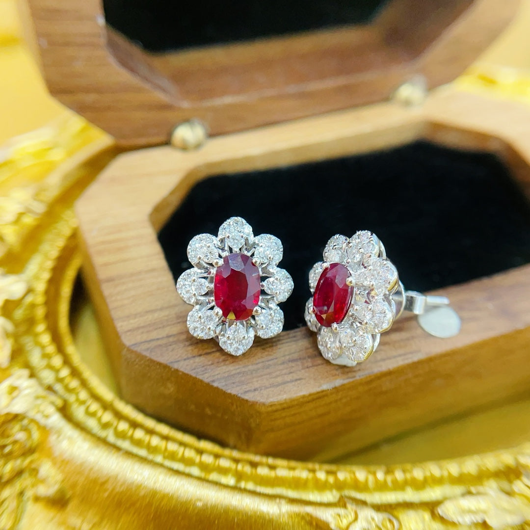 18K Gold White & Red Gemstone Oval Petal Earrings | Luxury Jewelry Jeweler.Jewelry