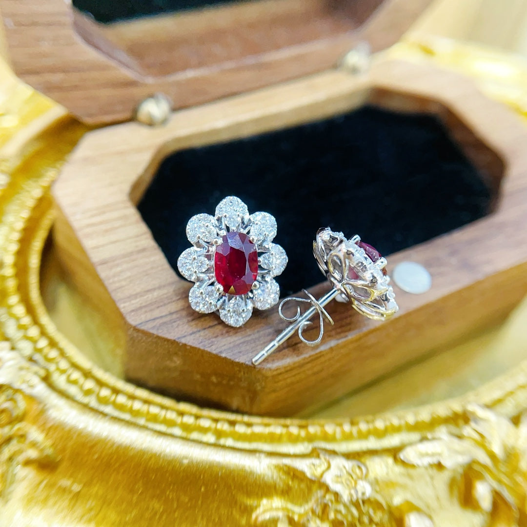 18K Gold White & Red Gemstone Oval Petal Earrings | Luxury Jewelry Jeweler.Jewelry